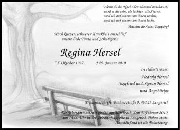 Todesanzeige von Regina Hersel von Westfälische Nachrichten