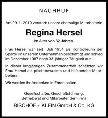 Todesanzeige von Regina Hersel von Westfälische Nachrichten