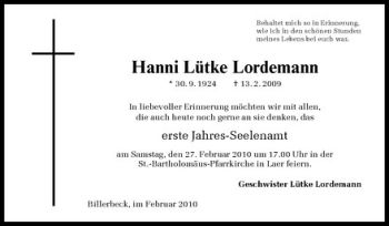 Todesanzeige von Hanni Lütke Lordemann von Westfälische Nachrichten
