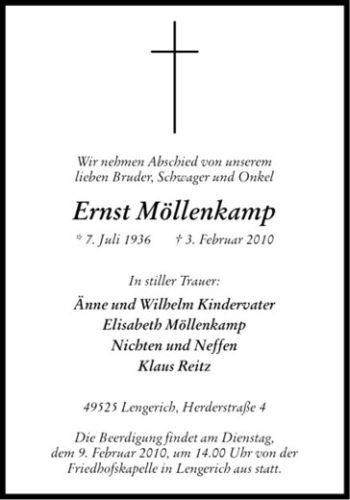 Todesanzeige von Ernst Möllenkamp von Westfälische Nachrichten