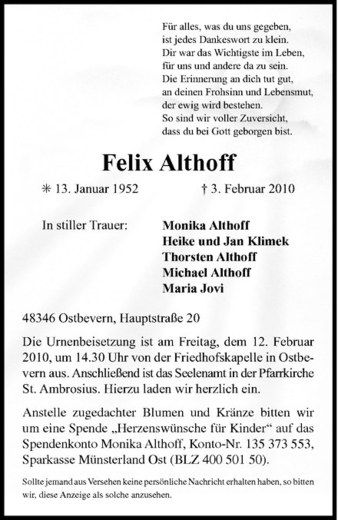 Todesanzeige von Felix Althoff von Westfälische Nachrichten