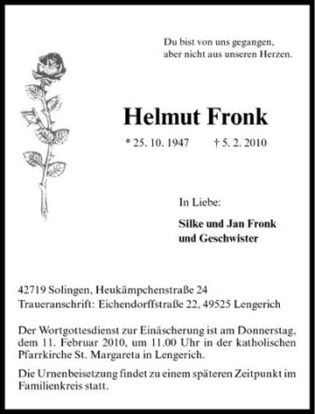 Todesanzeige von Helmut Fronk von Westfälische Nachrichten