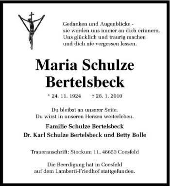 Todesanzeige von Maria Schulze Bertelsbeck von Westfälische Nachrichten
