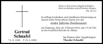Todesanzeige von Gertrud Schnafel von Westfälische Nachrichten