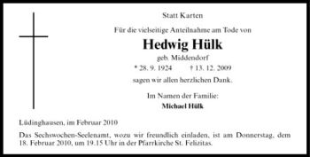 Todesanzeige von Hedwig Hülk von Westfälische Nachrichten