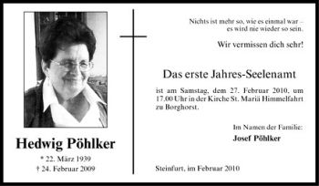 Todesanzeige von Hedwig Pöhlker von Westfälische Nachrichten