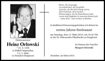 Todesanzeige von Heinz Orlowski von Westfälische Nachrichten