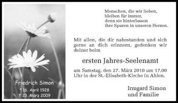 Todesanzeige von Friedrich Simon von Westfälische Nachrichten