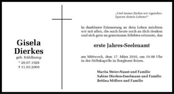 Todesanzeige von Gisela Dierkes von Westfälische Nachrichten