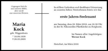 Todesanzeige von Maria Kock von Westfälische Nachrichten