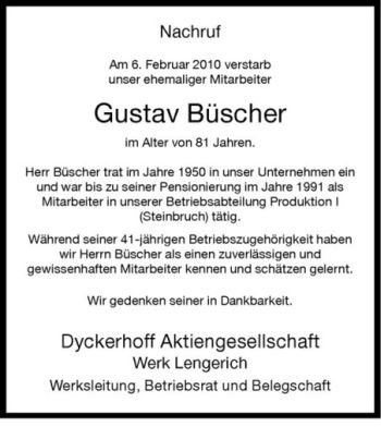 Todesanzeige von Gustav Büscher von Westfälische Nachrichten