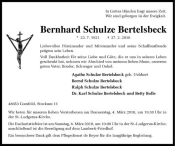Todesanzeige von Bernhard Schulze Bertelsbeck von Westfälische Nachrichten