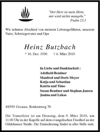 Todesanzeige von Heinz Butzbach von Westfälische Nachrichten