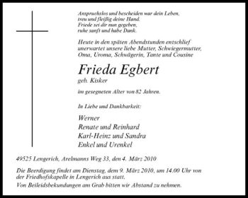 Todesanzeige von Frieda Egbert von Westfälische Nachrichten