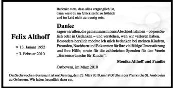 Todesanzeige von Felix Althoff von Westfälische Nachrichten