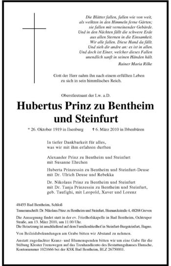 Todesanzeige von Hubertus Prinz zu Bentheim und Steinfurt von Westfälische Nachrichten