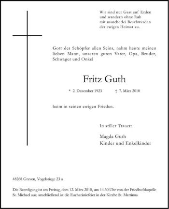 Todesanzeige von Fritz Guth von Westfälische Nachrichten