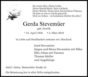 Todesanzeige von Gerda Stevemüer von Westfälische Nachrichten