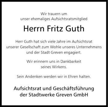 Todesanzeige von Fritz Guth von Westfälische Nachrichten