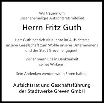 Todesanzeige von Fritz Guth von Westfälische Nachrichten