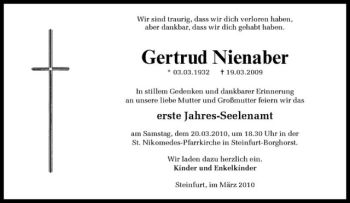 Todesanzeige von Gertrud Nienaber von Westfälische Nachrichten