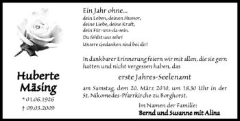 Todesanzeige von Huberte Mäsing von Westfälische Nachrichten