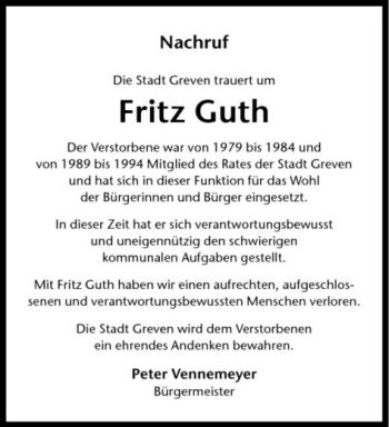 Todesanzeige von Fritz Guth von Westfälische Nachrichten