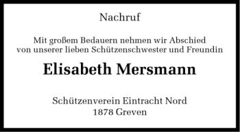 Todesanzeige von Elisabeth Mersmann von Westfälische Nachrichten
