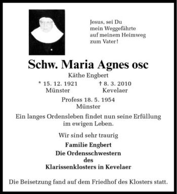 Todesanzeige von Schw. Maria Agnes osc Engbert von Westfälische Nachrichten