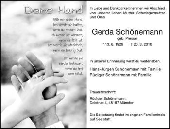 Todesanzeige von Gerda Schönemann von Westfälische Nachrichten