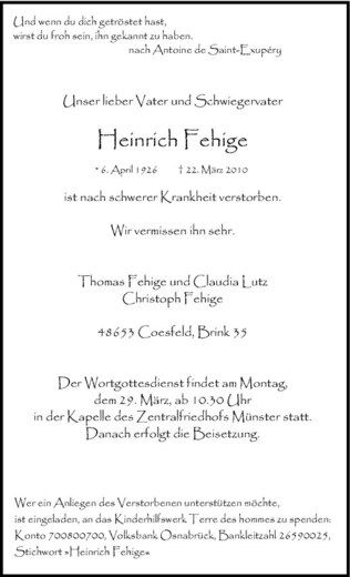 Todesanzeige von Heinrich Fehige von Westfälische Nachrichten