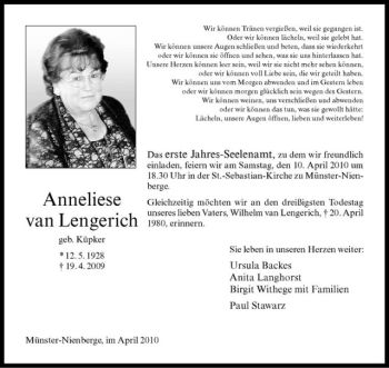 Todesanzeige von Anneliese van Lengerich von Westfälische Nachrichten