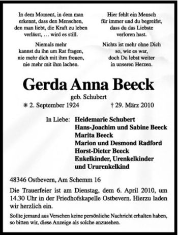 Todesanzeige von Gerda Anna Beeck von Westfälische Nachrichten