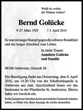 Todesanzeige von Bernd Golücke von Westfälische Nachrichten