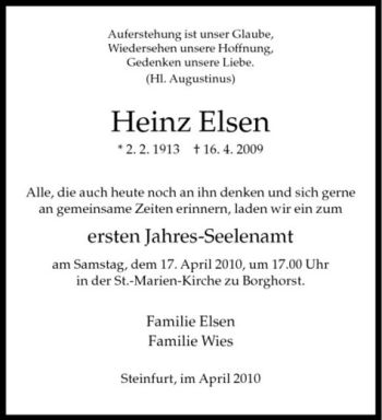 Todesanzeige von Heinz Elsen von Westfälische Nachrichten