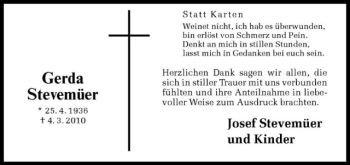 Todesanzeige von Gerda Stevemüer von Westfälische Nachrichten