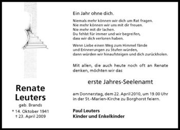 Todesanzeige von Renate Leuters von Westfälische Nachrichten