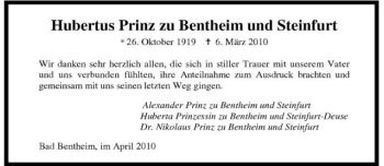 Todesanzeige von Hubertus Prinz zu Bentheim und Steinfurt von Westfälische Nachrichten