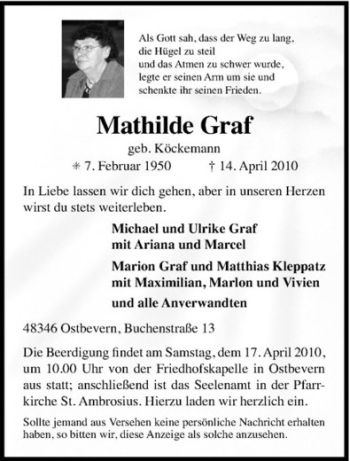 Todesanzeige von Mathilde Graf von Westfälische Nachrichten