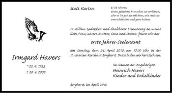 Todesanzeige von Irmgard Havers von Westfälische Nachrichten