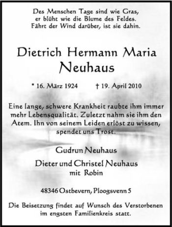 Todesanzeige von Dietrich Hermann Maria Neuhaus von Westfälische Nachrichten