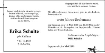 Todesanzeige von Erika Schulte von Westfälische Nachrichten