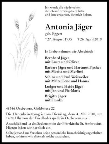Todesanzeige von Antonia Jäger von Westfälische Nachrichten