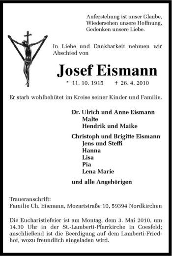 Todesanzeige von Josef Eismann von Westfälische Nachrichten