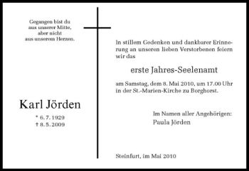 Todesanzeige von Karl Jörden von Westfälische Nachrichten