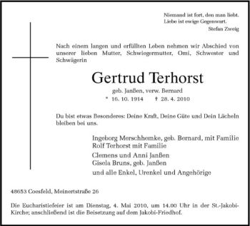 Todesanzeige von Gertrud Terhorst von Westfälische Nachrichten