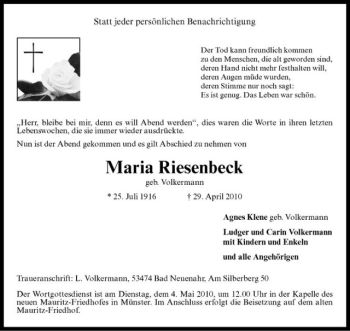 Todesanzeige von Maria Riesenbeck von Westfälische Nachrichten
