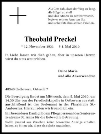 Todesanzeige von Theobald Preckel von Westfälische Nachrichten