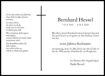Todesanzeige von Bernhard Hessel von Westfälische Nachrichten
