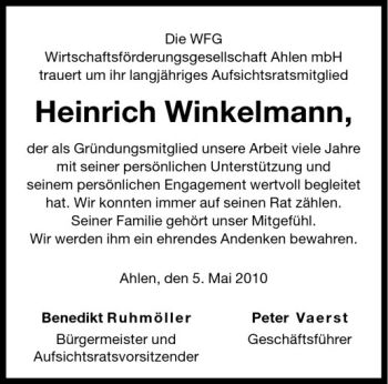 Todesanzeige von Heinrich Winkelmann von Westfälische Nachrichten